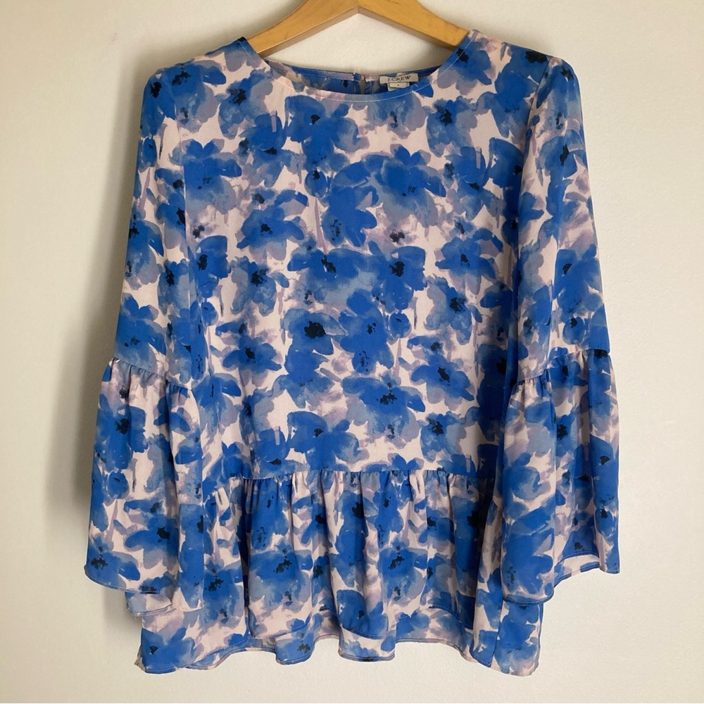 J. Crew Blue & White Floral Peplum Sleeve Blouse